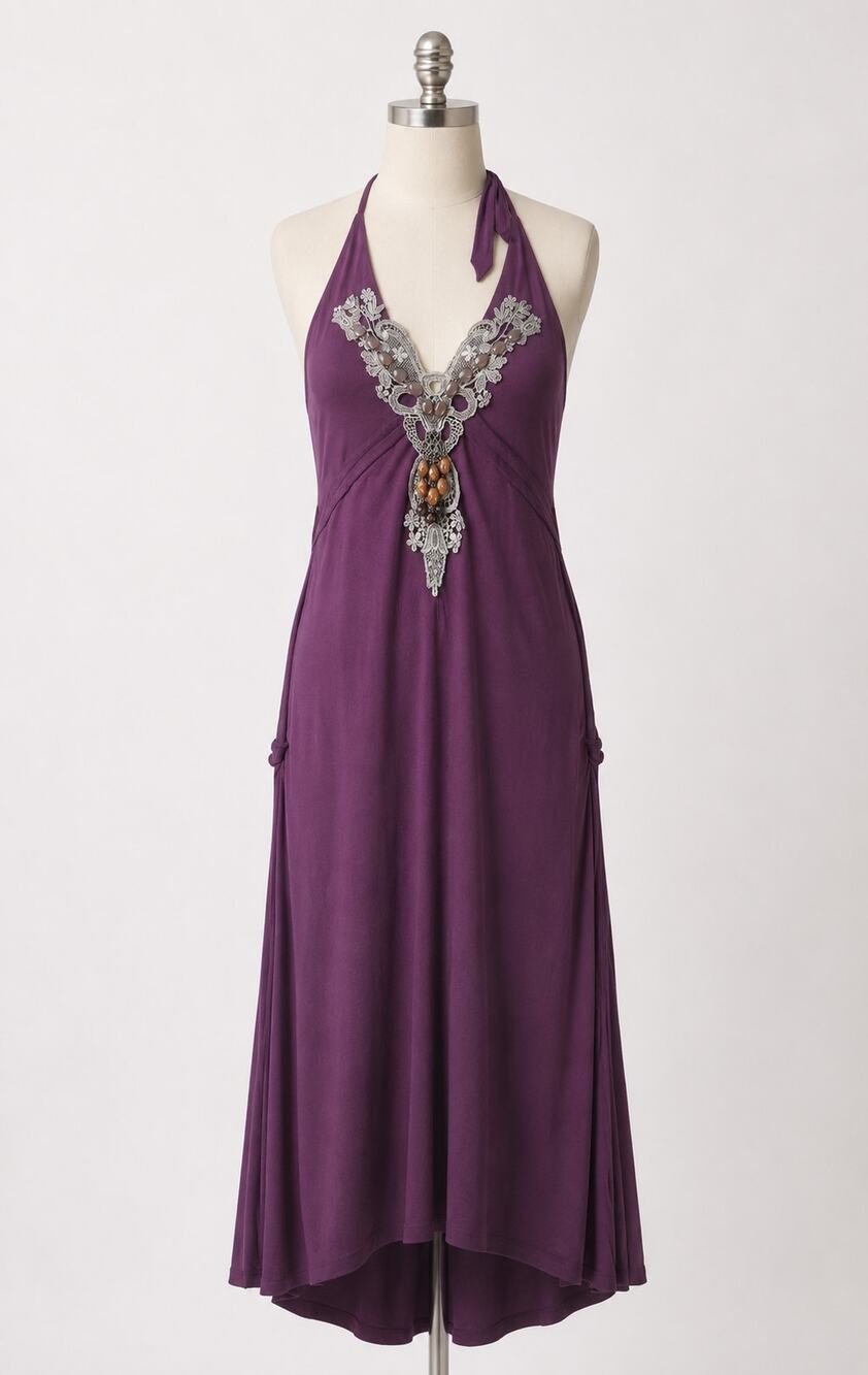 Purple Beaded Embellished Jersey Dress Halter Minimi